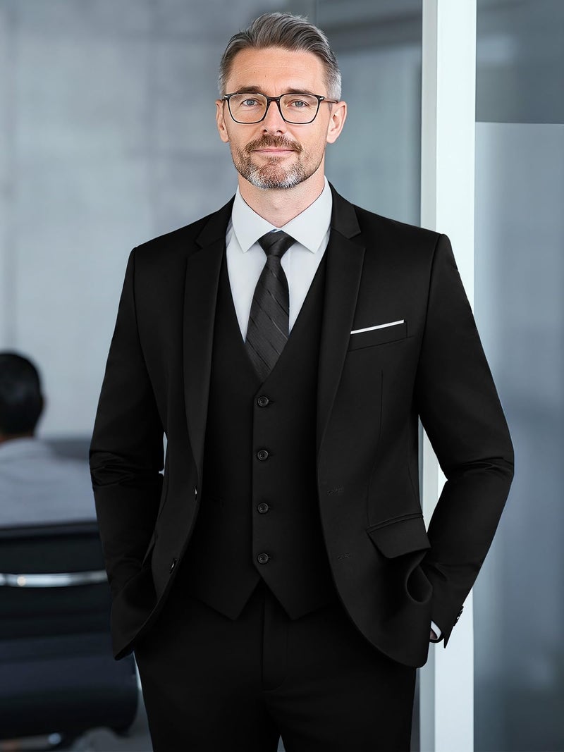 WEEN CHARM Suits for Men,3 Piece Slim Fit Suit Set with 2-Button Blazer,Vest,Pants,Tuxedo for Wedding,Prom,Party,Business Black - Image 2